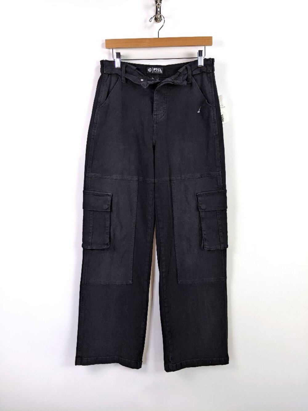 PTCL Womens Black Foldover Waist Wide Leg Cargo Denim Jeans Size 27
